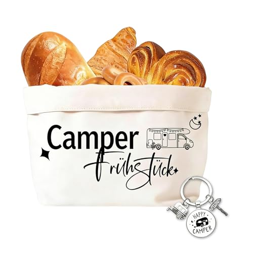 PIujsym Camper Geschenke Set 38x22cm Faltbarer Brotkorb Stoff und Schlüsselanhänger Praktisches Camping Zubehör für Wohnmobil Schöne Wohnwagen Deko für Den Outdoor Urlaub
