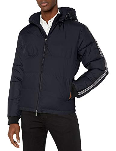 A|X Armani Exchange Men's Zip Up Ribbed Puffer Jacket with Striped Sleeve, Navy, M
