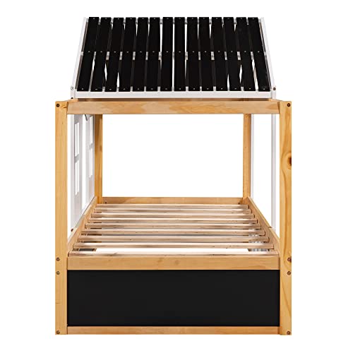Twin Size Playhouse Bed For Kids,House Shaped Canopy Bed With Black Roof & White Window, Twin Tent Bed Cabin Platform Bed With Blackboard And Little Shelf For Girls Boys (Twin, White) #TOP3