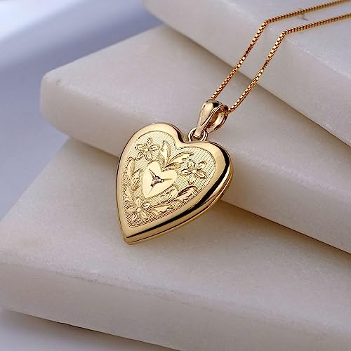 Picturesongold.com 14K Gold Filled Floral Heart Photo Locket With Diamond - 3/4 Inch X 3/4 Inch - Includes 18 Inch Chain (Locket + 1 Photo + Engraving) #TOP4