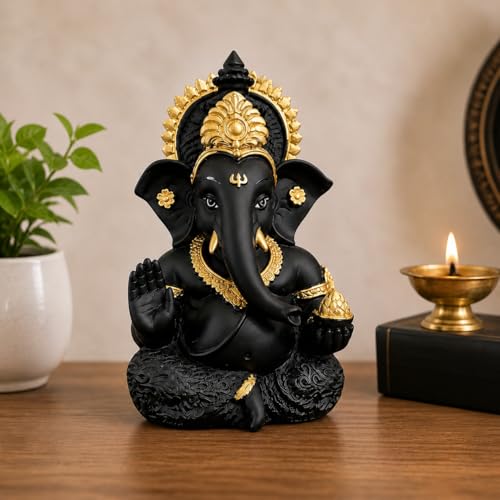 Image of JOY LAND Lord Ganesha Car Dashboard Idol | White & Gold Ganesh Murti for Car Dashboard, Home & Office Decor (Black)