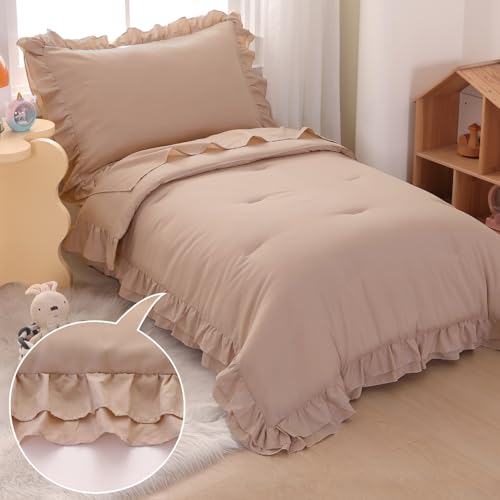 Image of Toddler Bedding Set for Girls, 4 Piece Double Ruffles Soft and Breathable Toddler Bed Sheets with Boho Toddler Comforter, Fitted Sheet, Flat Sheet and Pillowcase, Khaki