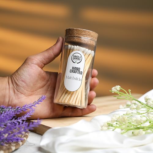 Image of Sage & Herbs Long 65 White Matchsticks in a Borosilicated Cork Jar with Striker| for Fireplace, Kitchen, Home Temple | Extra Long Burn Time Matchsticks | Matchbox Aesthetic
