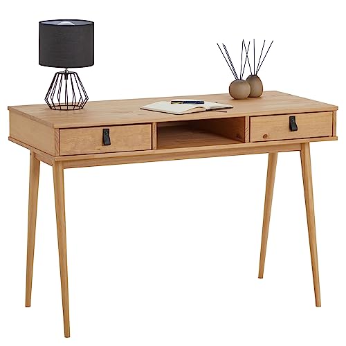 IDIMEX Schreibtisch Kim mit 2 Schubladen aus Massivholz, Eiche Farben - Home-Office Tisch mit offenem Fach, Bürotisch mit 2 Schubladen und Ledergriffen