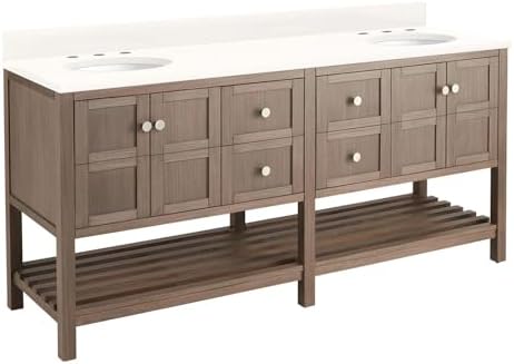 Signature Hardware 952417-UM-8 Olsen 72" Double Vanity Set with Cabinet, Granite, Marble or Quartz Vanity Top, and Oval Undermount sinks - 1.5" Faucet Holes - Ash Brown/Arctic White