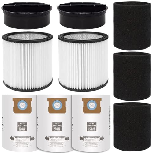 Ersatzfilter für Shop Vac Filter 90304 90333 90350 Nass- und Trockensaugerfilter mit Deckel, 3 Stück 90585 Schaumstoffhülsenfilter und 3 Stück Filter-Staubbeutel, kompatibel mit Shop Vac 10–14