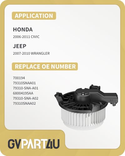 Image of Front Blower Motor 700194 for 2006-2011 Honda Civic, 2007-2010 Jeep Wrangler, 2008 2009 Automotive Replacement Blower Motor Fan OE: 79310-SNA-A01, 79310-SNA-A02, 68004195AA