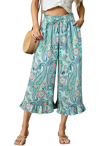 Image of Womens Wide Leg Palazzo Capri Pants Fun Vintage Print Flowy Cropped Capris