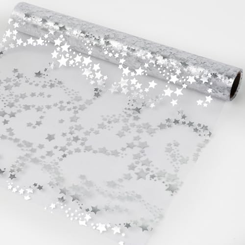 Chemin de Table de Noël Étoile, 28cm * 5m Ruban de Table Argent, Organza Transparence Décoration de Table Noël, pour Fêtes Mariage Baptême Anniversaire