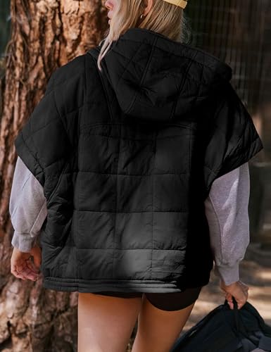 Womens Quilted Puffer Vest Poncho Short Sleeve Hooded Zip Up Padded Jacket Gilet Coat with Pockets2