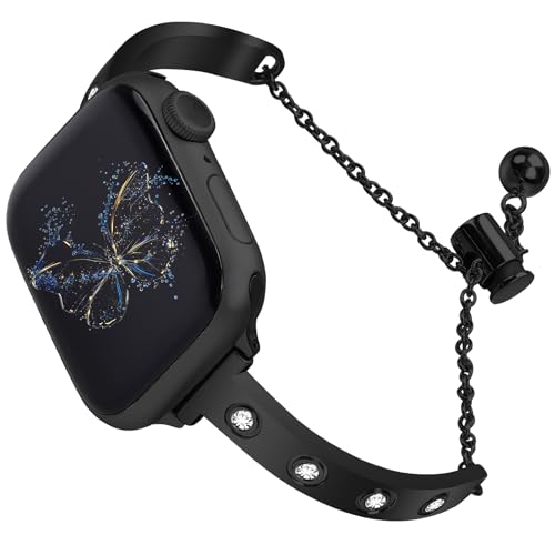 Stainless Steel Band Compatible with Apple Watch 38mm 40mm 41mm 42mm 44mm 45mm 46mm 49mm Pretty Luxury Strap with Sparkle Diamond, Dressy iWatch Bracelet, Bling Thin Band for Women