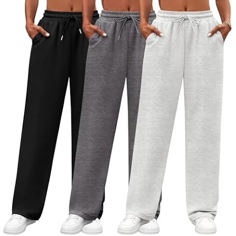 Neer 3 Pack Women's Yoga Pants with Pockets, High Waisted Cozy Lounge Pants Drawstring Sweatpants Loose Wide Leg Jogger (Black, Dark Gray, Gray,Medium) Cover