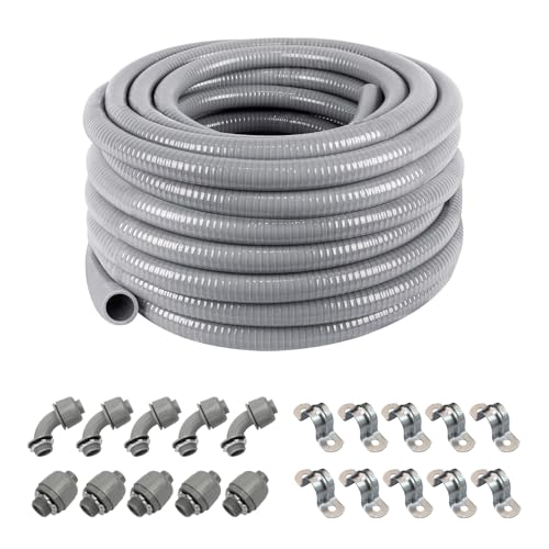 Z 1/2" Dia * 50 Feet Flexible Electrical Conduit Liquid Tight PVC Conduit Kit with 5 PCS Coupling, 5 PCS Elbow and 10 PCS Strap