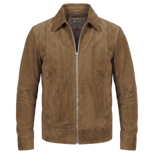 Image of Mens Polo Collar Zipper Suede Shirts Long Sleeve Shacket Suede Trucker Jacket Real Suede Leather Shirt