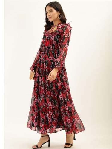 Litzo Women's Georgette A-Line Maxi Dress (L-57-S_Red