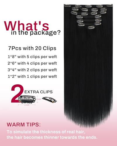 Image of Moresoo Clip in Hair Extensions Real Human Hair Jet Black 120g 16 inch | Jet black remy clip ins for daily work, double weft straight hair adds natural full head volume for women, 7pcs