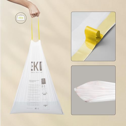 EKO 8 Gallon / 30.3 Liter, 60 Count Drawstring Trash Bags, Extra-Strong Unscented Garbage Bags, Easy-Dispense Roll for Kitchen & Household Use, Resists Tears, Leaks and Punctures, Code F-1, White