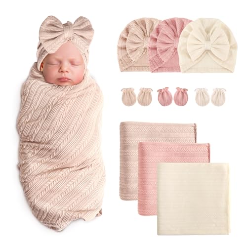 Image of AQOKKA Newborn Receiving Blanket with Bow Hat Mittens Set Wheat-Pattern Newborns Toddler Baby Boy Girl Nursery Swaddle Wrap