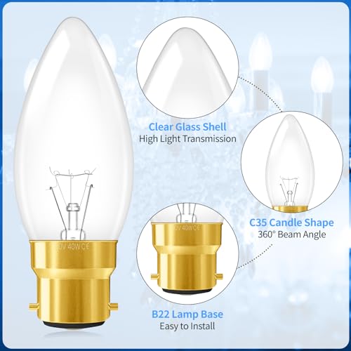 SCNNC B22 Bayonet Candle Light Bulb, Dimmable 220V 400LM, Warm White 2700K C35 Classic Clear Glass, for Chandelier, Wall Lamp, Ceiling - Pack of 10 - Image 4