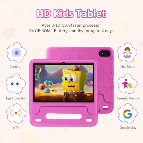 Image of Android 15 Kids Tablet 10.1 Inch, Octa-Core Processor, Case Included,Pink | Built-in parental controls; Google Kid Space installed; 2.4G /5G dual-band WiFi; 21GB RAM 64GB ROM; For Ages 2-12 Toddler