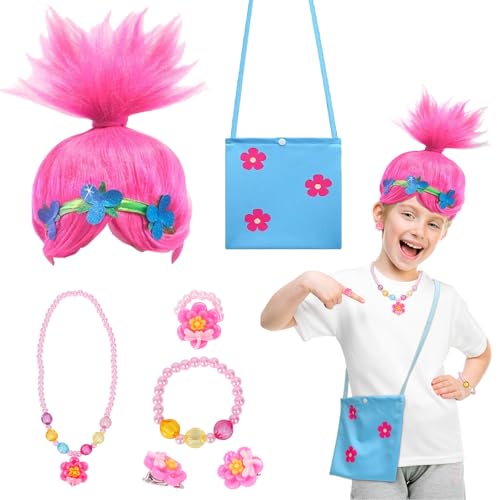 HONMOK Disfraz de Poppy Playtime, juego de peluca de disfraz de Trolls, pelucas rosas con collares, pulsera, aretes, anillo, bolsa de tela azul para Halloween, disfraces, cosplay, accesorios de