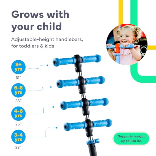 Lascoota 3-Wheel Kids Scooter - Removable Seat, Adjustable Handlebar, Light-Up Wheels & Lean-to-Steer for Toddler Scooter - Blue, Aluminum, Large