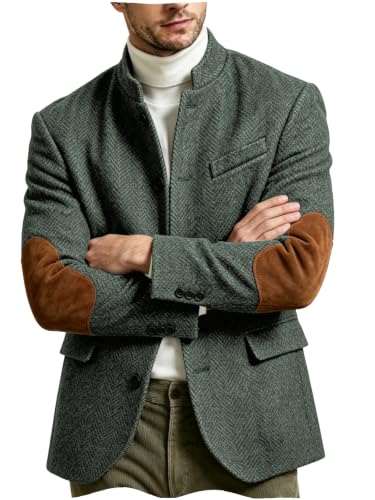 Mens Vintage Herringbone Tweed Blazer with Elbow Patches Olive Green S