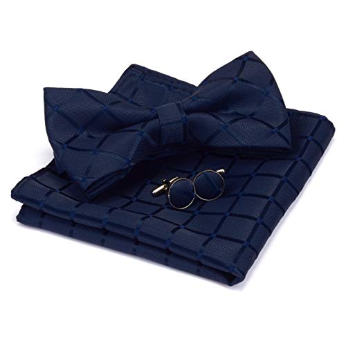 GUSLESON Navy Blue Plaid Bow Tie Set Formal Pre-tied Bowtie and Handkerchief Cufflinks Set (0582-02)