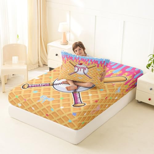 Image of Castle Fairy Baseball Cap Bed Sheets Twin Size,Ice Cream Cherry Plaid Print Easy Wash Bedding Set,Cute Sweet Sports Style Kids Room Decor,Pink Yellow Sheet(Fitted+Flat+1 Pillowcase)