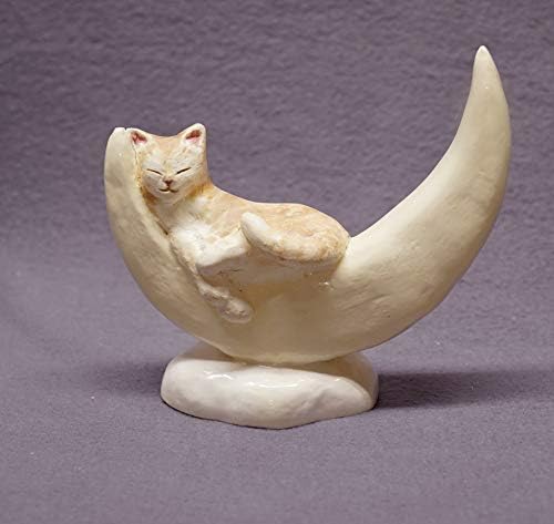 Handmade Ceramic Sleeping Cat on the moon - Cat Figurine, Cat Sculpture, Ceramic Animal, Ceramic Art, Birthday Gift