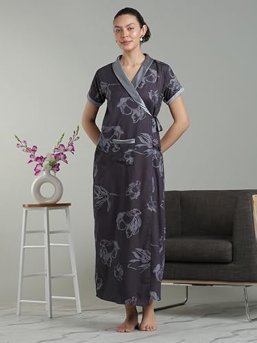 Image of 9shines Label Stylish Cotton Nighty Robe for Women | Front Open Floral Housecoat | Wrap Nighty with Pocket | Adjustable Waist Tie | Plus Size Housecoat (9SHC-PM-L)