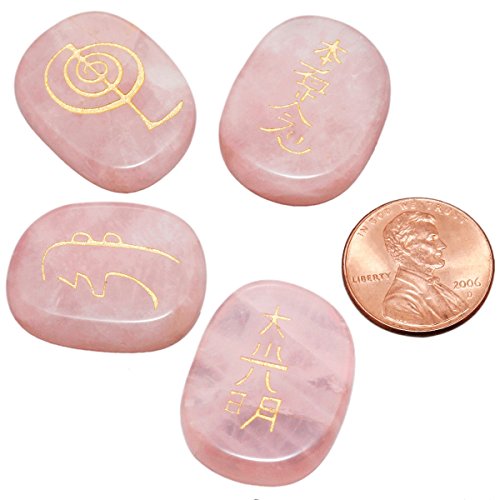 rockcloud Healing Crystal Rose Quartz 4pcs Engraved Chakra Stones Palm Stone Reiki Balancing