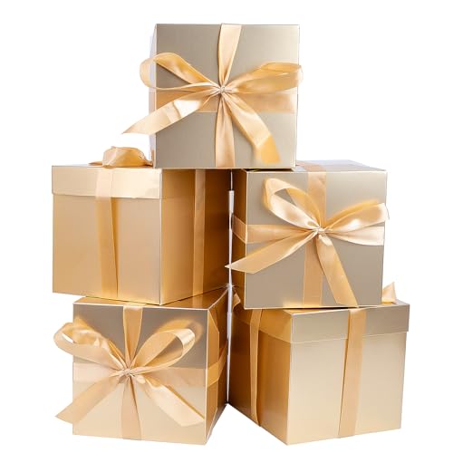 Jaywayang 5 Pack Gold Gift Boxes with Lids Ribbons and Tissue Papers Square Gift Boxes - 7.1 Inch - Christmas Presents Wrapping Hanukkah Decoration Party Favor Boxes.