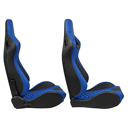 IKON MOTORSPORTS, Universal Racing Seats with Dual Sliders, Reclinable Blue & Black PU + Carbon Leather with Hexagonal Quilting Sport Bucket Seats, 1 Pair Driver + Passenger Side - Image 4