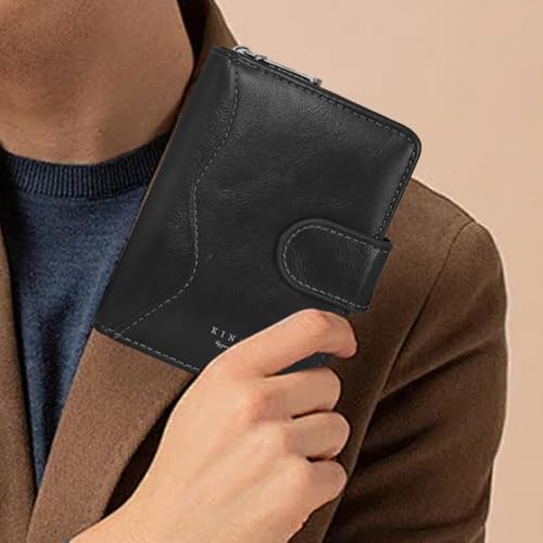 Men Wallet, Leather Card Wallet Large Capacity Short Wallet Multifunctional Card Case with ID Card Window Zip Button(Black)