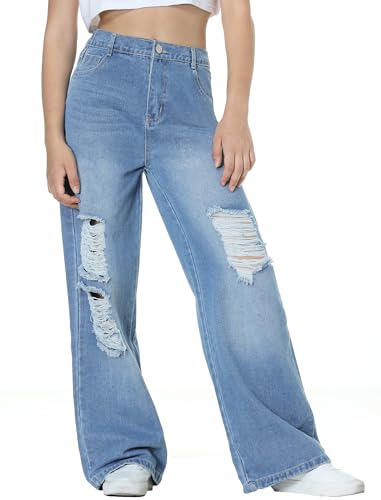 EXARUS Girls Jeans Baggy Pants Wide Leg/Flare/Skinny Teen Ripped Denim Tween Clothes Outfits Preppy Casual Kids 6-14Y4