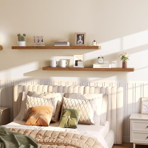 Image of HOOBRO Floating Shelves for Wall, Wall Mounted Shelf Set of 2, 55 inch Hanging Shelf with Invisible Brackets, for Wall Storage in Bathroom Bedroom Kitchen Living Room Office, Rustic Brown BF140BJP201