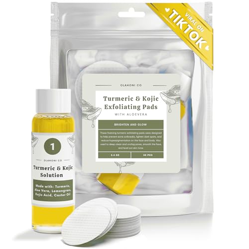 Turmeric and Kojic Acid Infused Exfoliating Pads for Uneven Skin - 100% Natural - Deep Clean, Exfoliate Pores, Smooth Skin, Face & Body, Licorice Root Infused - Travel Friendly - Made in USA (30 Pads)
