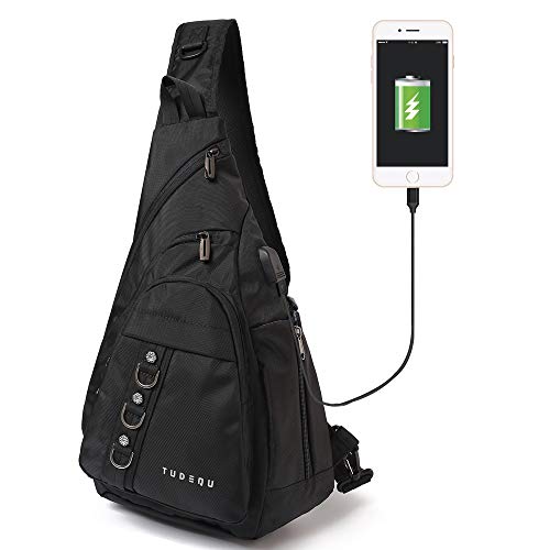 Sling Chest Crossbody Single Shoulder Backpacks Bags Daypacks with USB Charging Port for Men Women Teen Outdoor Traveling Hiking (Black)