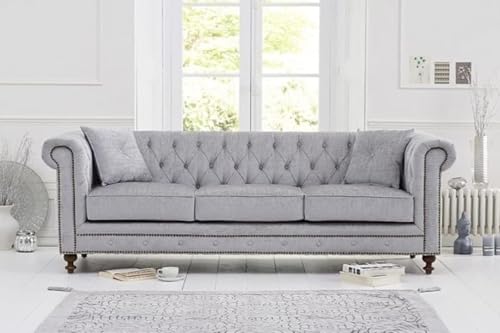 Image of Modern and Stylish 3 Seater Chesterfield Luxury Sofa with Valvet and Fabric Comfortable Sofa for Living Room, Dining Room, Hallway, and Office-(Light Grey).