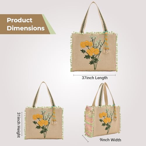 Image of Boho Girl Marigold Mini Tote Bag | Floral Embroidered Hand Bag with Pom-Poms & Tassel |Handbag, Shoulder Bag, Shoulder Women Bag with Inside Pocket | Jacquard Canvas Material