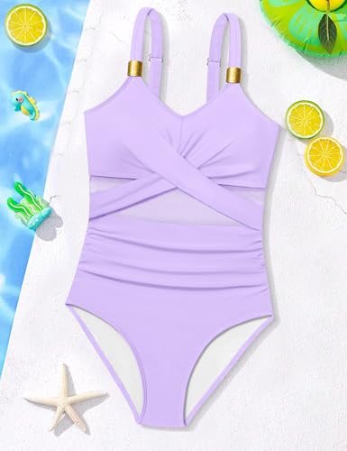 Image of Girls Swimsuit Criss Cross One Piece Swimsuits Wrap Tie Back Sheer Mesh Bathing Suit with Gold Metal Swimwear 9-16Y