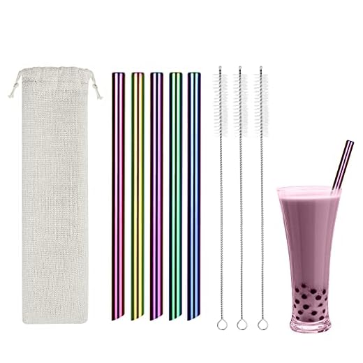 Vicloon Pajitas de Acero Inoxidable, 5 Pajitas Reutilizables de 215 mm, Pajitas de Metal con 3 Cepillos de Limpieza y 1 Bolsas de Almacenamiento, Adecuado para Cocina, Viajes, Picnic(Multicolor)