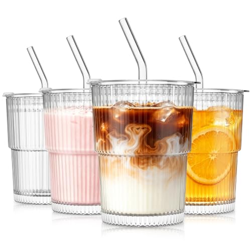 SoulTimes 13oz Ribbed Glass Tumbler with Lid and Straw – Iced Coffee Glasses Cups for Smoothie, Matcha, Juice, Water etc. Leakproof and Reusable Glassware Drinking for Travel To Go 【4 Pack】