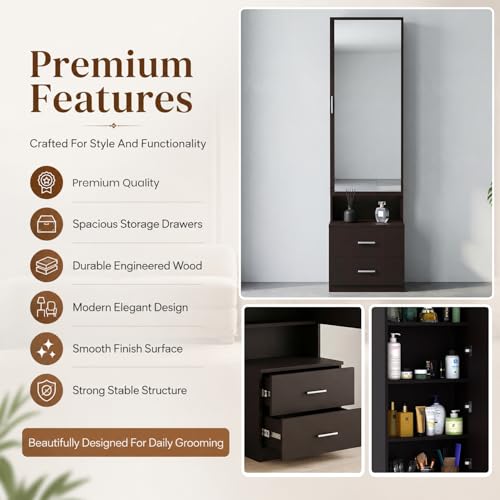 Image of FURNIFLIX Engineered Wood Dressing Table with Drawers and Door Storage Wooden Mirror Vanity Furniture for Bedroom Home Living Room - Black Wenge Finish