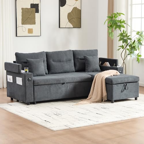 Miniatura 3 de Dachetou Sofá De Lino Moderno Para 3 Personas, Color Gris Oscuro, 86 X 136 X 212,5 Cm, Con Chaise Longue Hidráulica, Espacio De Almacenamiento, Soporte Para Bebidas, Cama Con Cajones, Diseño Elegante