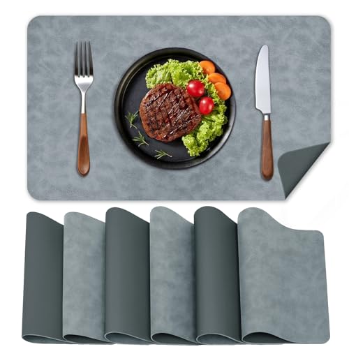 BLESWIN Faux Leather Placemats, PU Dining Table, Waterproof and Oil Resistant Easy to Clean, Heat Resistant Reversible Use Table Mats for Kitchen, Dining Table, Outdoor – 12 × 17 Inch, Grey&Dark Grey
