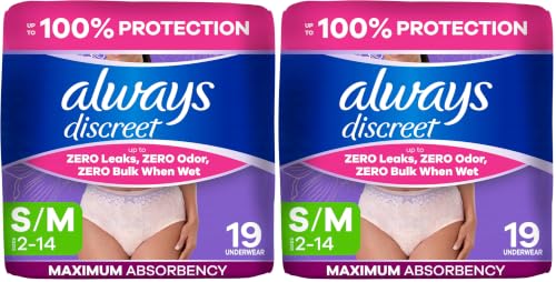 Image of Always Discreet Adult Diapers for Women, Incontinence Underwear, Postpartum Essentials, Disposable Briefs, Max Absorbency, Bladder Leak Protection, Small /Medium, 19ct (Pack of 2)