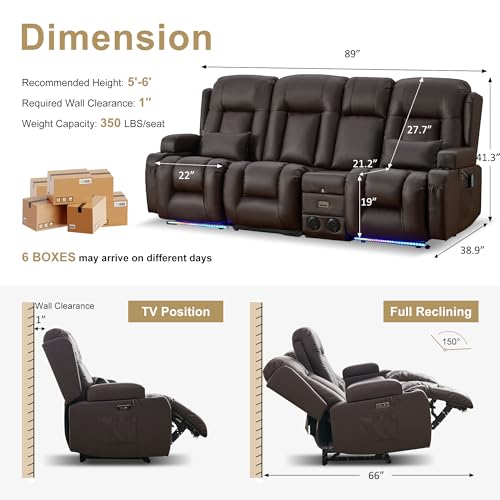 Image of URRED Power Loveseat Recliner Sofa with Massage and Heat, Wall Hugger Reclining Loveseat with Console, RV Couch Home Theater Seating with LED Lights for Living Room (Dark Brown, 89.8 inch - 3 Seats)