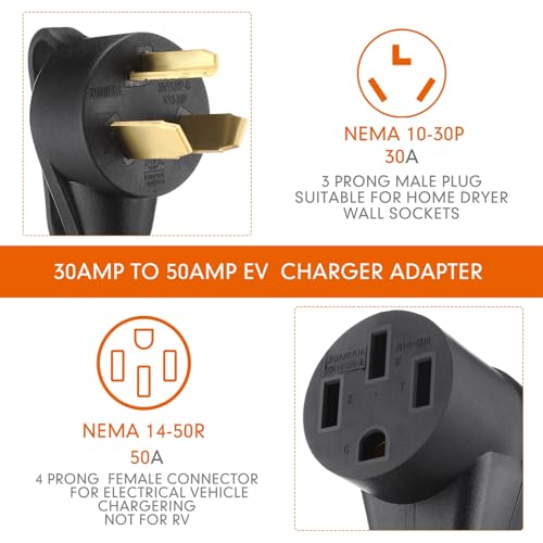 Tellegloww NEMA 10-30P to 14-50R EV Charger Adapter Cord, 30 Amp 3 Prong Male Dryer to 50 Amp 4 Prong Female EV Compatible with Tesla for Level 2 Charging with Handle, STW 10 AWG, 1FT, ETL Listed by Tellegloww - Image 3